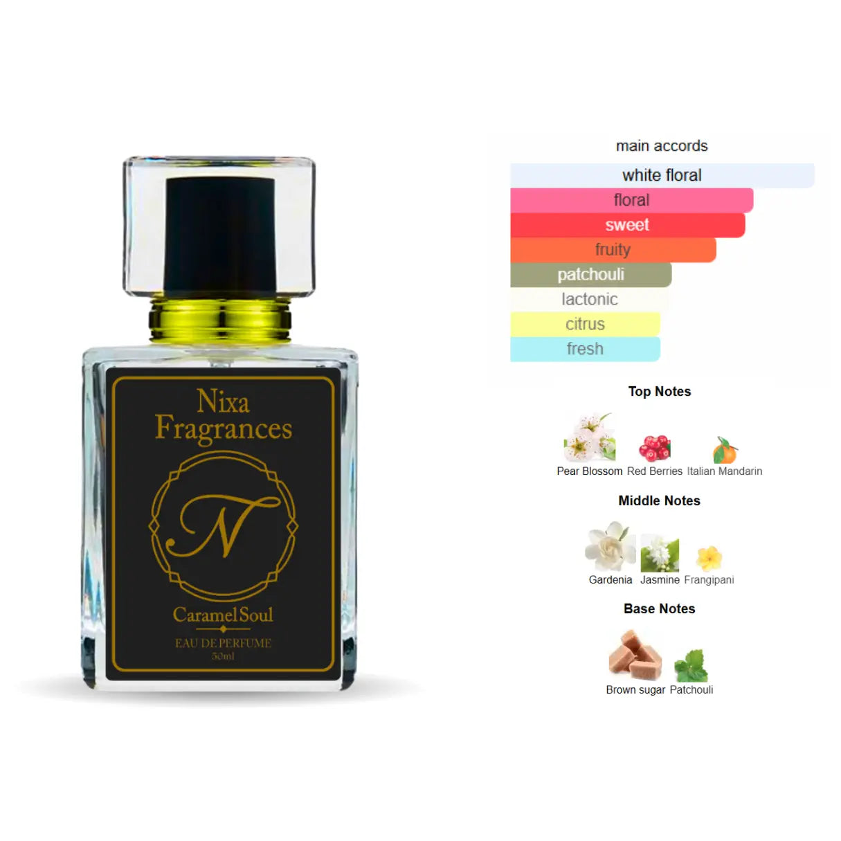 Caramel Soul by Nixa Fragrances is a captivating blend of red berries, rose, musk, and vanilla — a sweet, feminine perfume for confident women. Its long-lasting, warm floral notes make it perfect for romantic evenings and everyday luxury wear in Pakistan.
