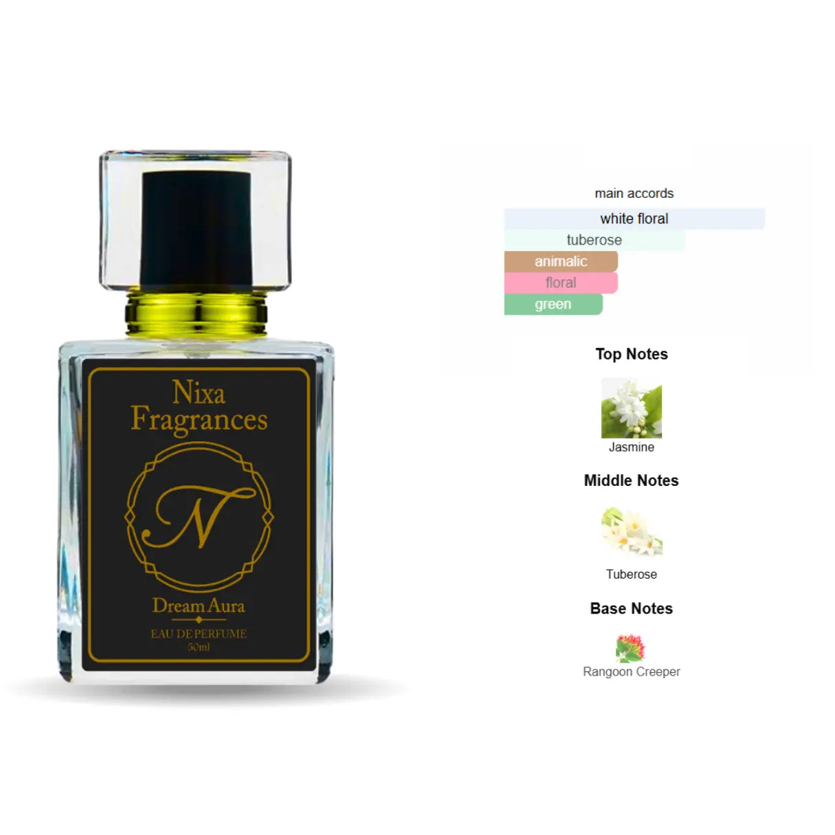 Nixa Fragrances Dream Aura is a luxurious floral perfume for women inspired by Gucci Bloom. A blend of jasmine, tuberose, and Rangoon creeper that defines timeless elegance and soft femininity. Perfect for women who love long-lasting, classy, and premium perfumes in Pakistan.