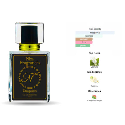 Nixa Fragrances Dream Aura is a luxurious floral perfume for women inspired by Gucci Bloom. A blend of jasmine, tuberose, and Rangoon creeper that defines timeless elegance and soft femininity. Perfect for women who love long-lasting, classy, and premium perfumes in Pakistan.
