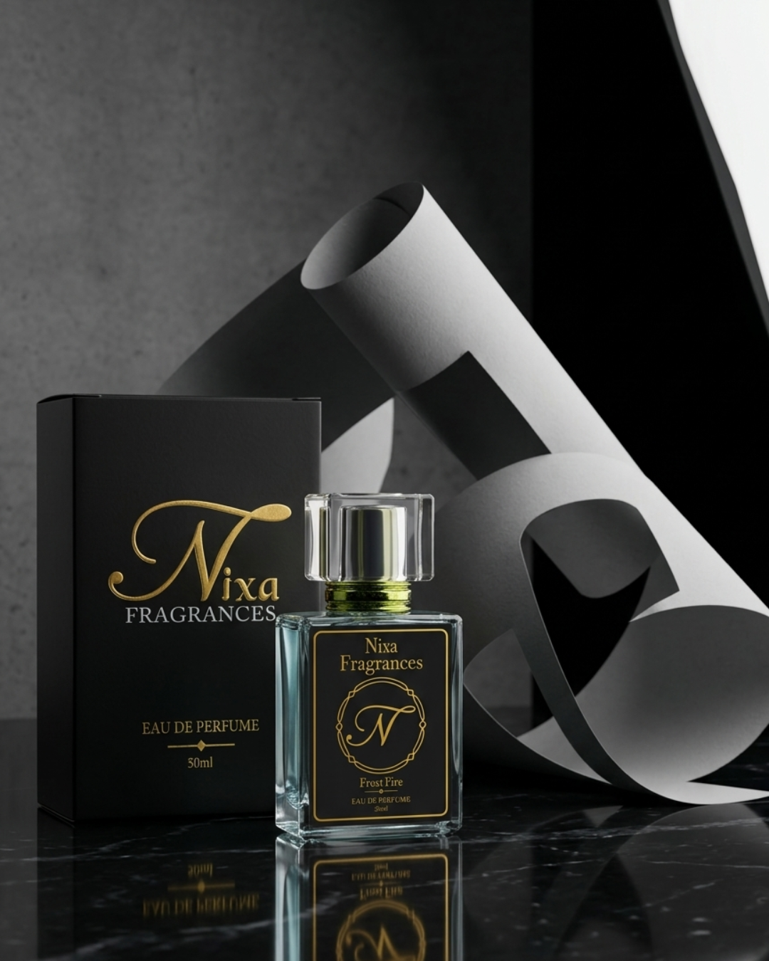 Frost Fire by NIXA Fragrances– strong and fresh men’s perfume in Pakistan 2025 with woody, spicy, and bergamot notes