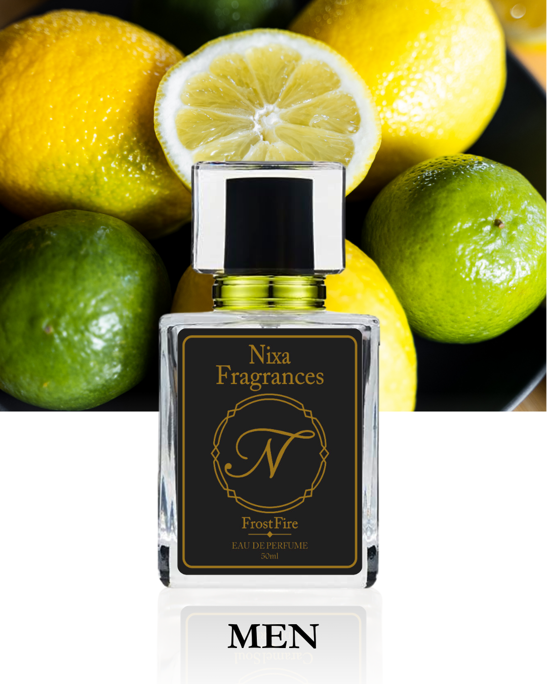 Frost Fire by NIXA Fragrances– strong and fresh men’s perfume in Pakistan 2025 with woody, spicy, and bergamot notes